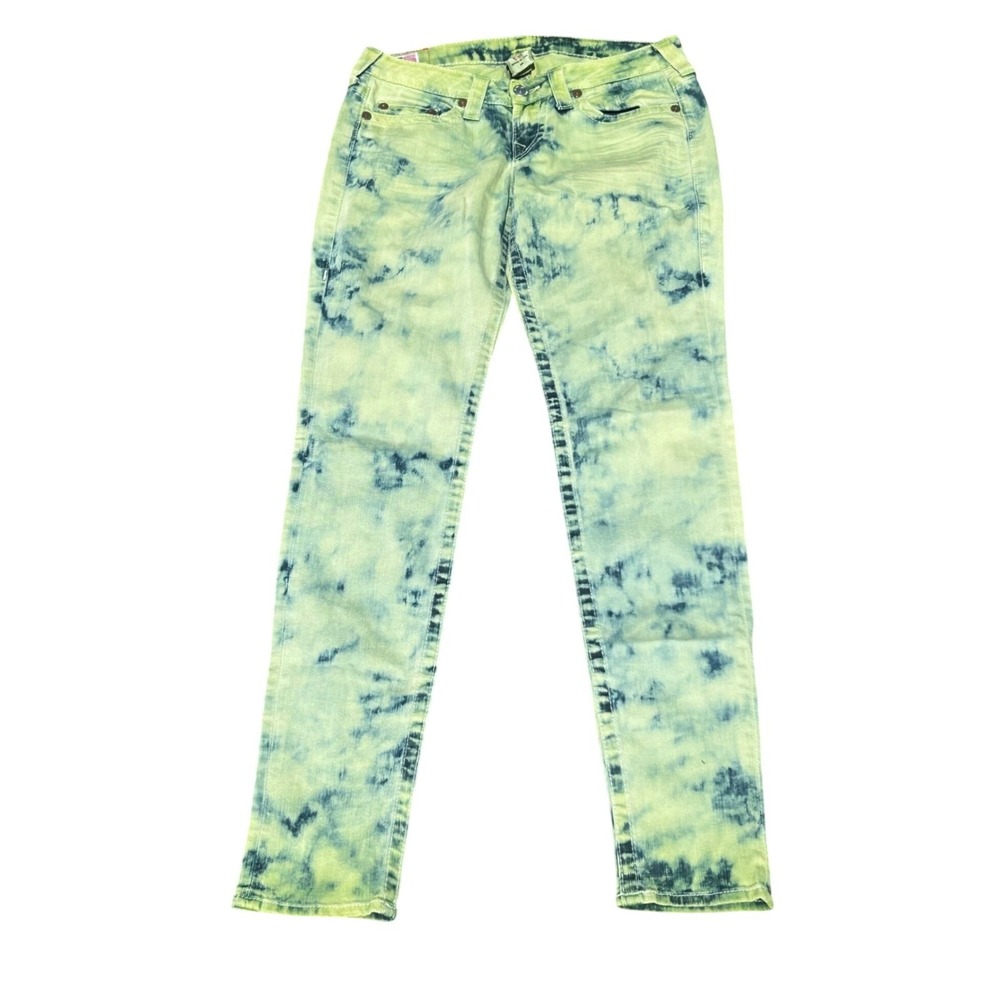 True Religion Stella Skinny Jeans Lime Green Blue Acid Wash Low Rise Womens 28
